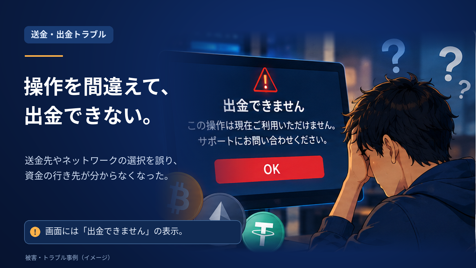 操作を間違えて、出金できない。送金先やネットワークの選択を誤り、資金の行き先が分からなくなった送金・出金トラブルのイメージ。