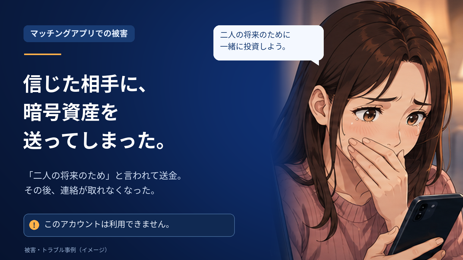 信じた相手に、暗号資産を送ってしまった。マッチングアプリで知り合った相手に二人の将来のためと言われて送金し、その後連絡が取れなくなった事例のイメージ。