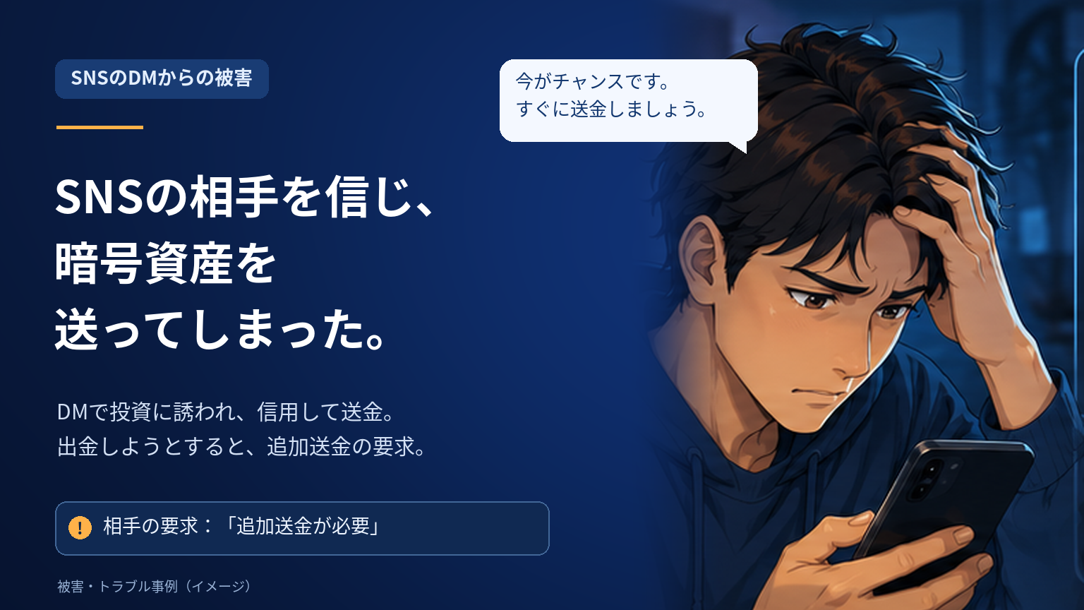 SNSの相手を信じ、暗号資産を送ってしまった。DMで投資に誘われ、出金しようとすると追加送金を求められた事例のイメージ。